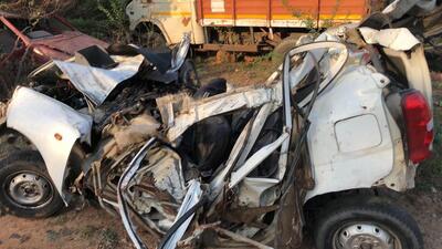 Gurugram, India-March 03, 2023: Six people died in a car and truck accident at Gurugram-Faridabad road near Mangar Police station, damage car parked in police station, in Gurugram, India, on Friday, 03 March 2023. (Photo by Parveen Kumar/Hindustan Times)(Pic to go with Leena Dhankar's story) Gurugram, India-March 03, 2023: Six people died in a car and truck accident at Gurugram-Faridabad road near Mangar Police station, damage car parked in police station, in Gurugram, India, on Friday, 03 March 2023. (Photo by Parveen Kumar/Hindustan Times)(Pic to go with Leena Dhankar's story)