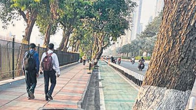 In June 2022, the first phase of the project – a 500-metre walkway – was completed from Rakhangi junction to Mahalaxmi bridge, which also comprised a cycle track. However, there will be no cycle track present in the second phase, and it will only have a walkway with ornamental grills. (HT PHOTO) In June 2022, the first phase of the project – a 500-metre walkway – was completed from Rakhangi junction to Mahalaxmi bridge, which also comprised a cycle track. However, there will be no cycle track present in the second phase, and it will only have a walkway with ornamental grills. (HT PHOTO)