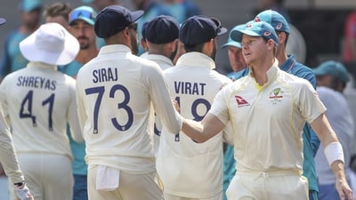 Australia's captain Steve Smith, right, shake hands with India's Mohammed Siraj, second left, after Australia won the third cricket test match against India in Indore, India, Friday, March 3, 2023. (AP Photo/Surjeet Yadav) (AP) Australia's captain Steve Smith, right, shake hands with India's Mohammed Siraj, second left, after Australia won the third cricket test match against India in Indore, India, Friday, March 3, 2023. (AP Photo/Surjeet Yadav) (AP)