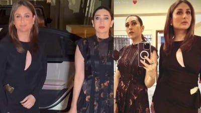 Kareena Kapoor and Karisma Kapoor twinned in black outfits. Kareena Kapoor and Karisma Kapoor twinned in black outfits.