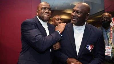 Magic Johnson(left) with Michael Jordan (Getty Images) Magic Johnson(left) with Michael Jordan (Getty Images)