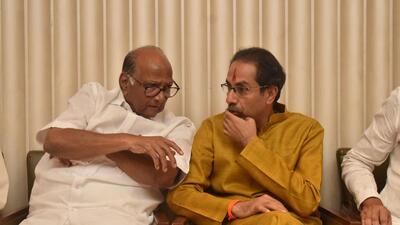Mumbai, India - Nov. 26, 2019:Shiv Sena chief Uddhav Thackeray and NCP chief Sharad Pawar during meeting of Shiv Sena , NCP and Congress alliance at Trident hotel, BKC in Mumbai, India, on Tuesday, November 26, 2019. (HT PHOTO) Mumbai, India - Nov. 26, 2019:Shiv Sena chief Uddhav Thackeray and NCP chief Sharad Pawar during meeting of Shiv Sena , NCP and Congress alliance at Trident hotel, BKC in Mumbai, India, on Tuesday, November 26, 2019. (HT PHOTO)