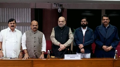 Union home minister Amit Shah with Karnataka chief minister Basavaraj Bommai, Maharashtra CM Eknath Shinde and the state deputy chief minister Devendra Fadnavis during a meeting in New Delhi. (PTI/ Representative Image)