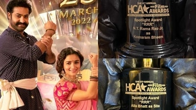 Actors Jr NTR and Alia Bhatt were honoured with the the honorary HCA Spotlight Award. Actors Jr NTR and Alia Bhatt were honoured with the the honorary HCA Spotlight Award.