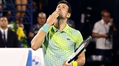 Serbia's Novak Djokovic reacts after his match against Poland's Hubert Hurkacz (not pictured) during their Dubai Duty Free Tennis Championship in Dubai on March 2, 2023. (Photo by Karim SAHIB / AFP) (AFP)