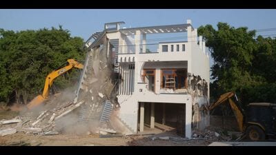 The house in Ahmadhpur village of Prayagraj being demolished on Friday. (Anil Kumar Maurya/HT) The house in Ahmadhpur village of Prayagraj being demolished on Friday. (Anil Kumar Maurya/HT)