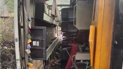 The private tourist bus that overturned near Bilaspur in Himachal Pradesh, leaving one passenger dead and 40 injured, on Friday. (HT Photo)