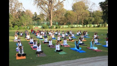 Women staff members of the CSIR-NBRI at the yoga camp organised by the institute in Lucknow on Friday (HT Photo)