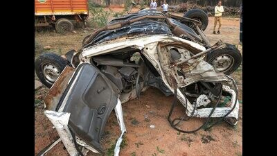 Wreckage of a car after a speeding dumper rammed into it on the Faridabad-Gurugram road in Faridabad on Friday. At least six people were killed in the accident, according to officials. (PTI)