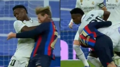 Vinicius Jr and Frenkie de Jong clash in the Copa del Rey. Vinicius Jr and Frenkie de Jong clash in the Copa del Rey.