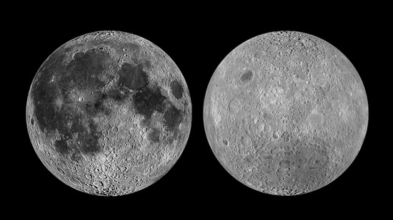 Images of the far side of the moon show a vastly different landscape - pitted with craters (above right) and with none of the dark volcanic patches so familiar to us on the near side (above left). (NASA / Goddard Space Flight Center / Arizona State University)