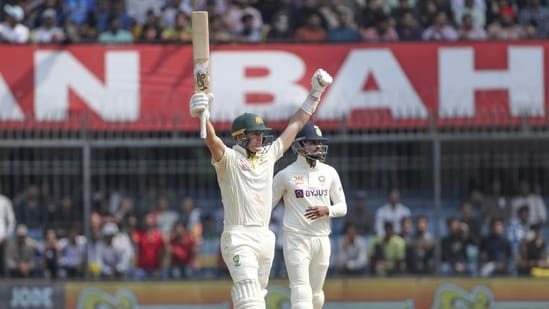 Marnus Labuschagne celebrates after winning the third Test against India in Indore(AP)