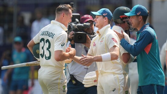 Marnus Labuschagne shakes hands with Steve Smith after winning the 3rd Test against India at Holkar Cricket Stadium in Indore(PTI)