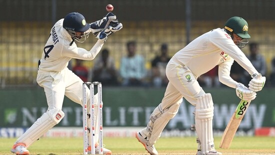 Usman Khawaja plays a shot next to Srikar Bharat during Day 3 of the third Test between India and Australia at the Holkar Stadium in Indore(AFP)