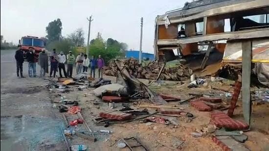 The seats of the bus lie strewn along the Panchkula-Yamunanagar highway after the truck rammed into the bus near Kakkar Majra village in Shahzadpur block, 25km from Ambala, on Friday morning. (HT Photo)