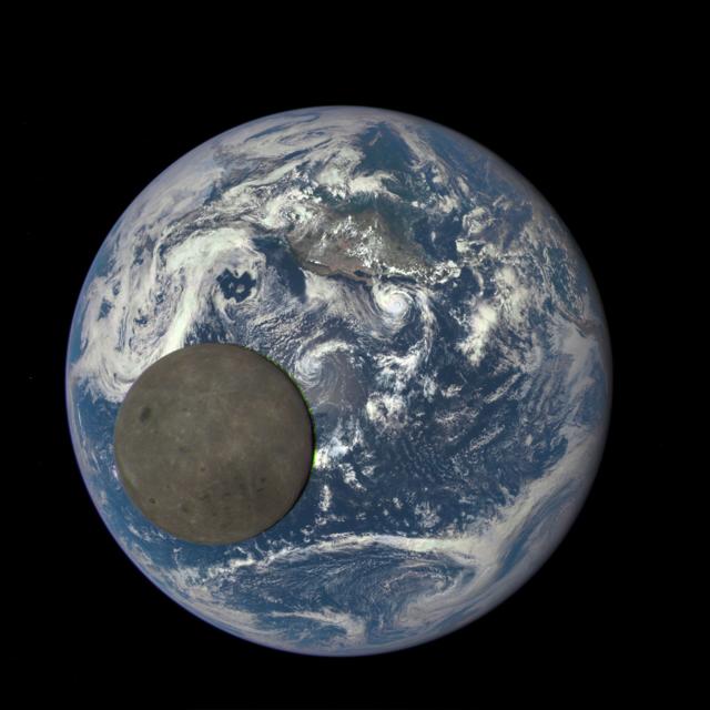 The far side of the moon, illuminated by the Sun, as it crosses between the DSCOVR spacecraft and Earth. (NASA / NOAA)