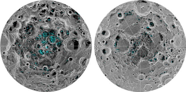 The distribution of surface ice at the moon’s south pole (above left) and north pole (above right), as detected by NASA’s Moon Mineralogy Mapper on Chandrayaan-1. The blue indicates the locations of the ice. The greys correspond to surface temperature, with the darker shades representing colder areas. (NASA)