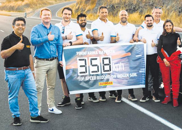In the Battista, I (far left) set a new top speed record for the fastest car and fastest EV on Indian soil. Renuka Kirpalani (far right) hit 357.15 kph to become the fastest Indian woman driver in the world. In the Battista, I (far left) set a new top speed record for the fastest car and fastest EV on Indian soil. Renuka Kirpalani (far right) hit 357.15 kph to become the fastest Indian woman driver in the world.
