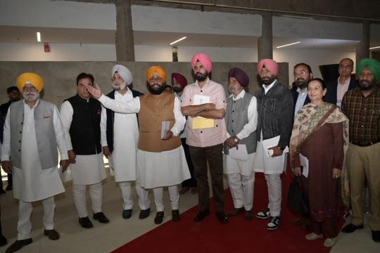 Congress MLAs, led by leader of opposition Partap Singh Bajwa, after walking out of the assembly during the governor’s address on Friday. (Ravi Kumar/HT) Congress MLAs, led by leader of opposition Partap Singh Bajwa, after walking out of the assembly during the governor’s address on Friday. (Ravi Kumar/HT)