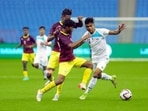 Players in action during Santosh Trophy final football match between Karnataka and Meghalaya in Riyadh, Saudi Arabia.