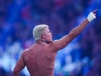 Cody Rhodes reacts after winning the WWE Royal Rumble at Alamodome.(Getty Images via AFP)