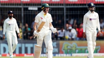 Australia's Marnus Labuschagne celebrates the team's win in the 3rd Test match against India, at Holkar Cricket Stadium, in Indore. (ANI) Australia's Marnus Labuschagne celebrates the team's win in the 3rd Test match against India, at Holkar Cricket Stadium, in Indore. (ANI)