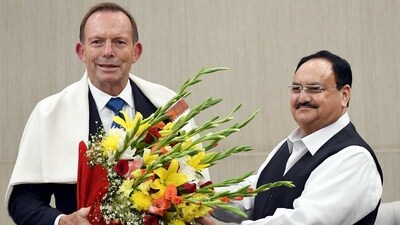 Bharatiya Janata Party (BJP) National President JP Nadda meets former Australian Prime Minister Tony Abbott, at party HQ, in New Delhi on Saturday. (ANI Photo) (Shrikant Singh) Bharatiya Janata Party (BJP) National President JP Nadda meets former Australian Prime Minister Tony Abbott, at party HQ, in New Delhi on Saturday. (ANI Photo) (Shrikant Singh)