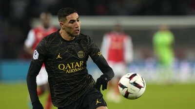 PSG's Achraf Hakimi controls the ball during the French League One soccer match between Paris Saint-Germain and Reims at the Parc des Princes in Paris, Sunday, Jan. 29, 2023. (AP Photo/Thibault Camus) (AP) PSG's Achraf Hakimi controls the ball during the French League One soccer match between Paris Saint-Germain and Reims at the Parc des Princes in Paris, Sunday, Jan. 29, 2023. (AP Photo/Thibault Camus) (AP)
