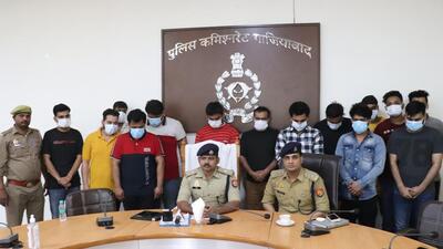 Ghaziabad, India - March 04, 2023: Vivek Chandra Yadav, ADCP Crime addresses a press conference as Ghaziabad Police arrested 14 accused for allegedly cheating people by running a call center in the name of providing technical support and software updates at Indirapuram in Ghaziabad , India on Saturday, March 04. 2023. (Photo by Sakib Ali /Hindustan Times)