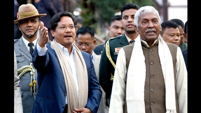 Meghalaya Governor Phagu Chauhan and National People's Party (NPP) chief Conrad K Sangma at Raj Bhavan in Shillong on Saturday. (ANI)