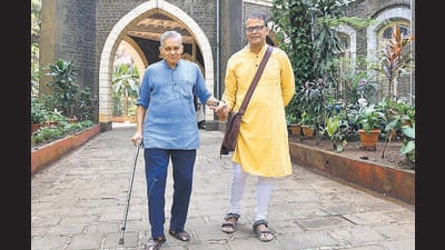 Mumbai, India - March 03, 2023: Indian English poet, novelist and story writer Jerry Pinto walks with eminent author, writer and researcher Rudolf Heredia, at Mazgaon, in Mumbai, India, on March 03, 2023. (Photo by Bhushan Koyande/HT Photo) (HT PHOTO) Mumbai, India - March 03, 2023: Indian English poet, novelist and story writer Jerry Pinto walks with eminent author, writer and researcher Rudolf Heredia, at Mazgaon, in Mumbai, India, on March 03, 2023. (Photo by Bhushan Koyande/HT Photo) (HT PHOTO)