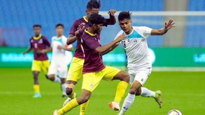 Players in action during Santosh Trophy final football match between Karnataka and Meghalaya in Riyadh, Saudi Arabia. (PTI) Players in action during Santosh Trophy final football match between Karnataka and Meghalaya in Riyadh, Saudi Arabia. (PTI)