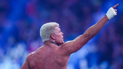 Cody Rhodes reacts after winning the WWE Royal Rumble at Alamodome. (Getty Images via AFP)