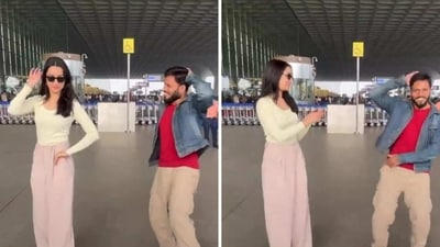 Shraddha Kapoor grooved to 'Show Me The Thumka' with a fan at the airport. Shraddha Kapoor grooved to 'Show Me The Thumka' with a fan at the airport.