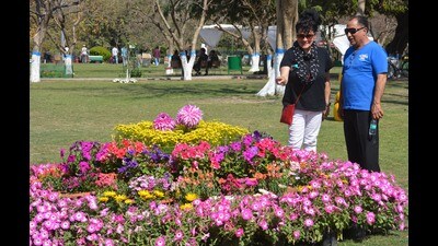 Visitors during the 35th Spring Festival at Yavnika Town Park, Panchkula, on Saturday. (SANT ARORA)
