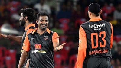 Muralitharan and Harbhajan Singh during a Legends League Cricket Match