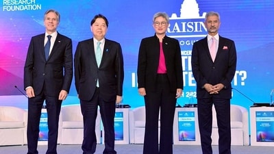 External Affairs Minister S Jaishankar poses for a picture with Australian Foreign Minister Penny Wong, United States Secretary of State Antony Blinken and Japan Foreign Minister Yoshimasa Hayashi at the Quad Foreign Ministers' Meet on the sidelines of the Raisina Dialogue 2023, in New Delhi on Friday. (Raisina Dialogue Twitter) External Affairs Minister S Jaishankar poses for a picture with Australian Foreign Minister Penny Wong, United States Secretary of State Antony Blinken and Japan Foreign Minister Yoshimasa Hayashi at the Quad Foreign Ministers' Meet on the sidelines of the Raisina Dialogue 2023, in New Delhi on Friday. (Raisina Dialogue Twitter)