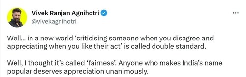Vivek Agnihotri on Twitter about his appreciation for Deepika Padukone.