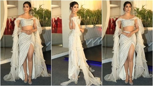 Pooja Hegde stuns in an ivory embellished ensemble. (HT Photo/Varinder Chawla) Pooja Hegde stuns in an ivory embellished ensemble. (HT Photo/Varinder Chawla)