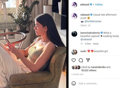 Saba Azad shares her photo clicked by Hrithik Roshan. Saba Azad shares her photo clicked by Hrithik Roshan.