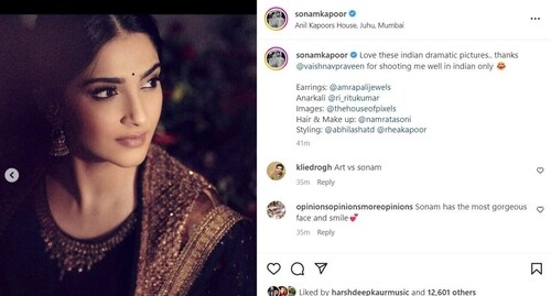Sonam Kapoor has shared pics of her in black ethnic wear. Sonam Kapoor has shared pics of her in black ethnic wear.