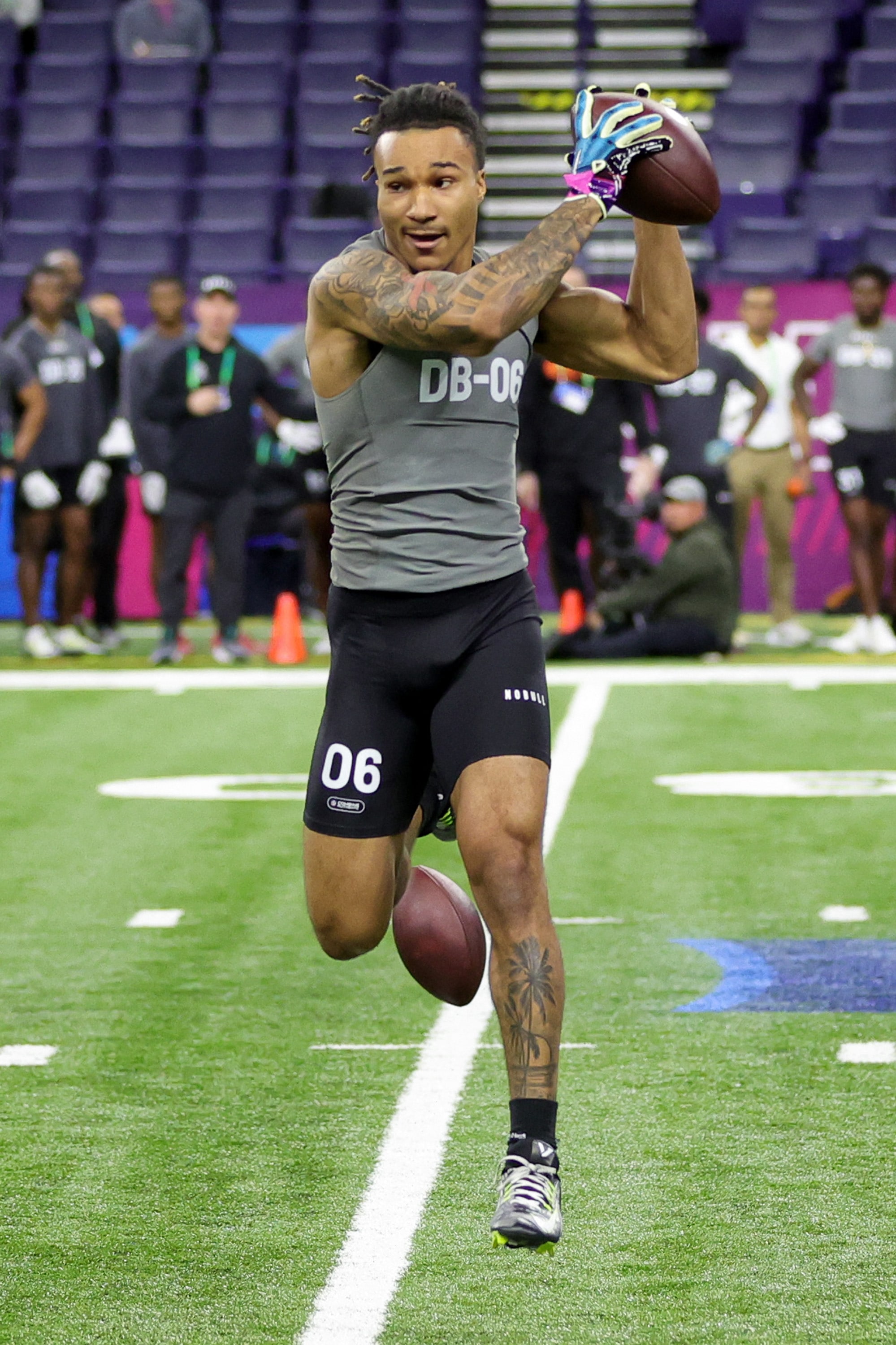 Defensive back Brian Branch of Alabama participates in a drill during the NFL Combine during the NFL Combine at Lucas Oil Stadium. (Getty Images via AFP) Defensive back Brian Branch of Alabama participates in a drill during the NFL Combine during the NFL Combine at Lucas Oil Stadium. (Getty Images via AFP)