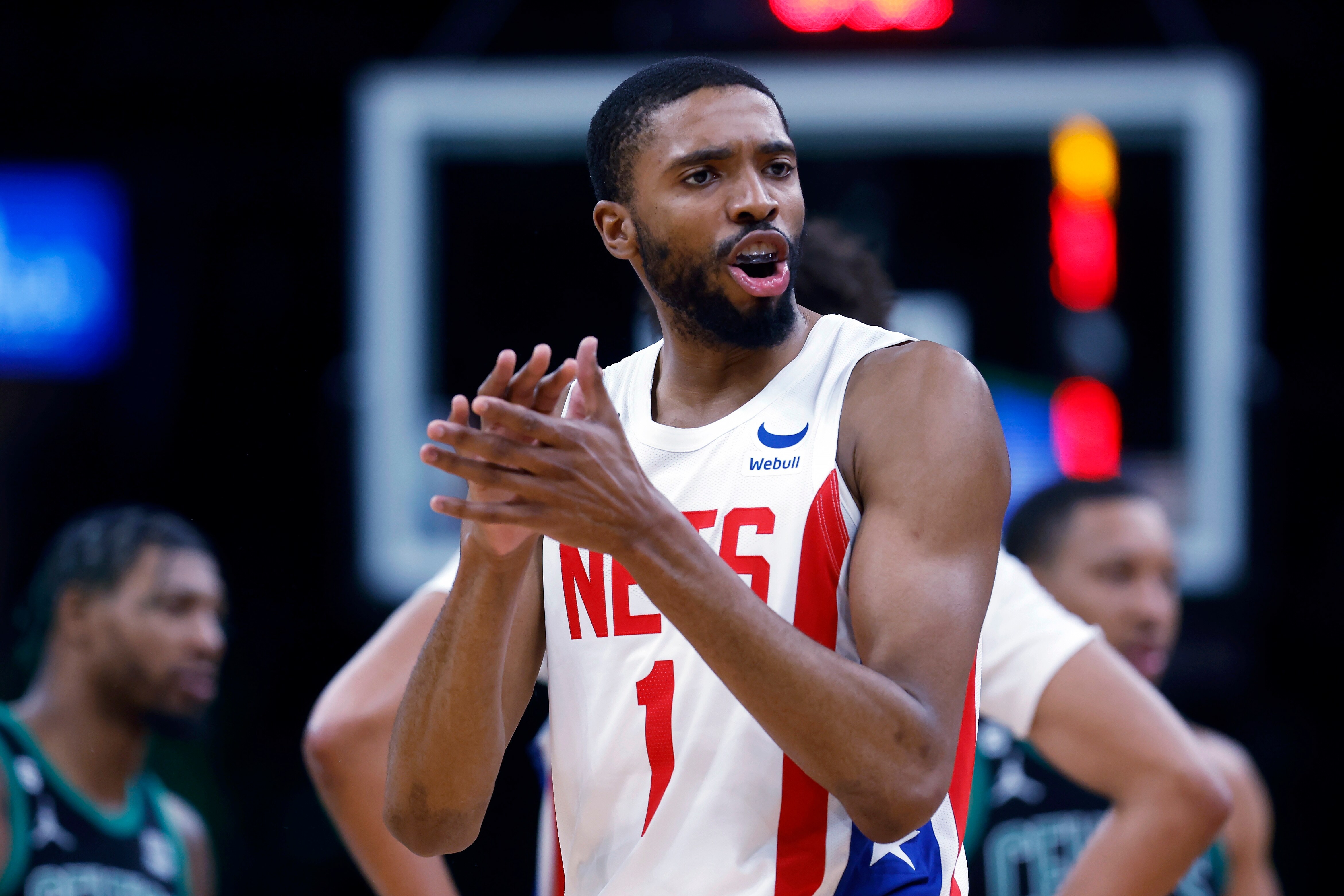 Brooklyn Nets' Mikal Bridges reacts during the second half of the team's NBA basketball game against the Boston Celtics, Friday, March 3, 2023, in Boston. (AP) Brooklyn Nets' Mikal Bridges reacts during the second half of the team's NBA basketball game against the Boston Celtics, Friday, March 3, 2023, in Boston. (AP)