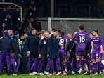 Fiorentina's Luka Jovic celebrates scoring their second goal with teammates 