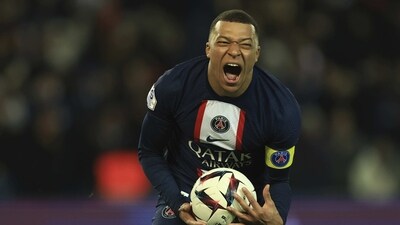 PSG's Kylian Mbappe celebrates after scoring his side's fourth goal during the French League One soccer match (AP) PSG's Kylian Mbappe celebrates after scoring his side's fourth goal during the French League One soccer match (AP)