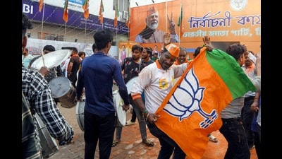 BJP supporters celebrate Tripura Chief Minister and party candidate from Bordowali Town Manik Saha's victory in the state assembly elections (ANI)