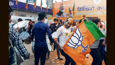 BJP supporters celebrate party’s win in Tripura elections, outside its office in Agartala on March 2. (Amit Sharma) BJP supporters celebrate party’s win in Tripura elections, outside its office in Agartala on March 2. (Amit Sharma)