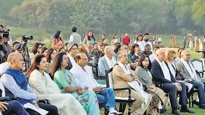 Delhi lieutenant governor Vinai Kumar Saxena hosts the envoys of G20 nations and others at Asita East on Yamuna bank, in New Delhi on Sunday. (ANI PHOTO) Delhi lieutenant governor Vinai Kumar Saxena hosts the envoys of G20 nations and others at Asita East on Yamuna bank, in New Delhi on Sunday. (ANI PHOTO)