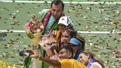 Rohan Bopanna takes a selfie during Sania Mirza's farewell in Hyderabad (AP) Rohan Bopanna takes a selfie during Sania Mirza's farewell in Hyderabad (AP)