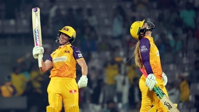 Navi Mumbai: UP Warriorz players Grace Harris and Sophie Ecclestone celebrate thier victory against the Gujarat Giants during Women's Premier League (WPL) cricket match, in Navi Mumbai, Sunday, March 5, 2023. (PTI Photo/Shashank Parade)(PTI03_05_2023_000276A) (PTI)